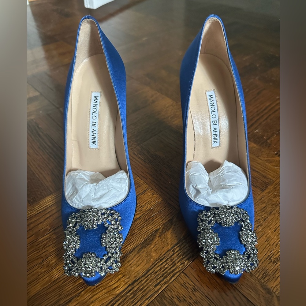 Manolo Blahnik Blue Crystal Embellished Heels